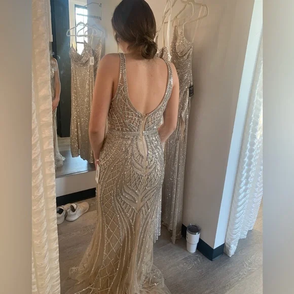 princess polly baby blue dress Champagne Beaded Cut Out Long Tulle Prom Dress For Sale Inspired Celebrity  TCDFD7726 main image 1